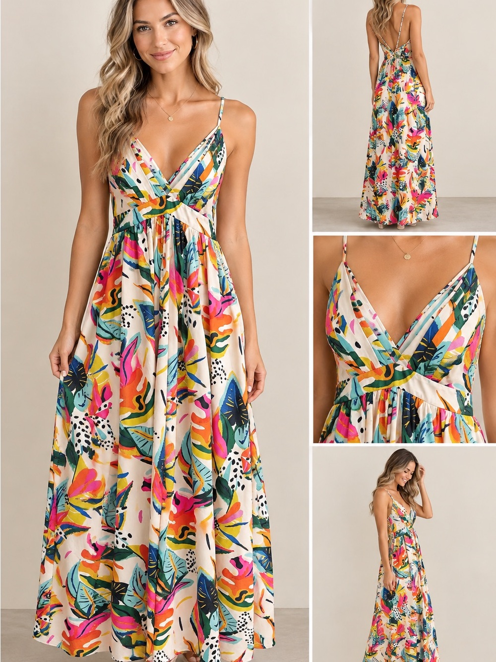 SHEIN Multicolor Tropical Print Maxi Dress in Cream